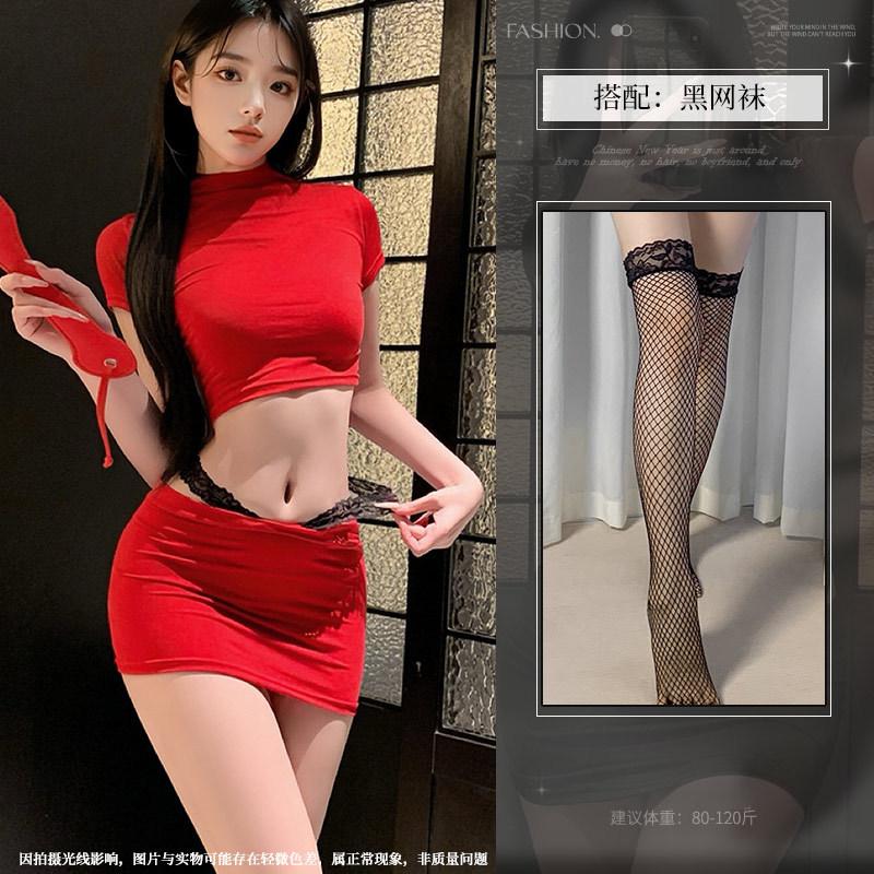 Fashion Wear Spice Girl Slim Pure Desire Black Front Shoulder Short Sleeve Low Waist Sex Underwear Hip Skirt Women