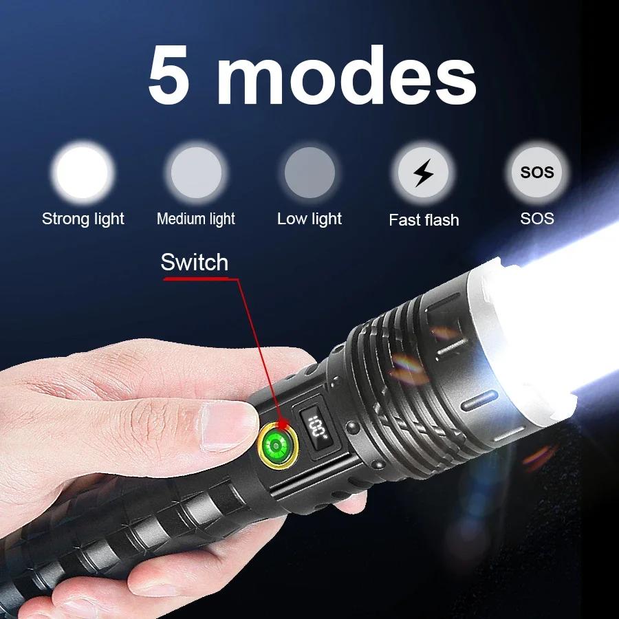 High Power Spotlight Long Range LED Flashlight Long Shot Torch Rechargeable Outdoor Hand Lamp Camping Lantern
