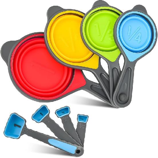 Silicone Collapsible Measuring Cups Spoons, 8pc (4 Measuring Cups and 4 Measuring Spoons), BPA free, Engraved Metric US Markings Measurer Cups Spoons A: Blue