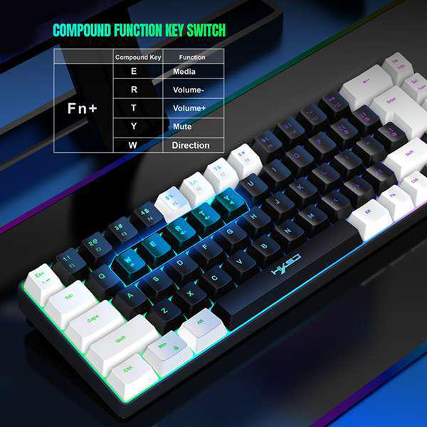HXSJ Gaming Membrane Keyboard, 68 Keys, Detachable Cable, RGB Backlighting, White/Black, ABS Material.