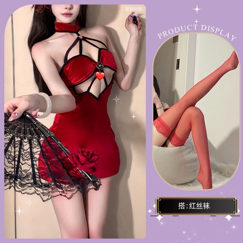 Sex underwear, sexy retro hollowed-out cheongsam, pure desire, passion, buttocks, neck, hot, improved pajamas, pajamas