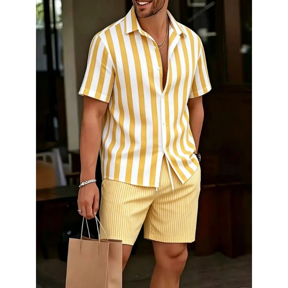 Simple Men Shirt Sets Vintage Stripe Lapel Short Sleeve Casual Shirt Beach Shorts Summer Streetwear Hawaiian Fashion Loose Suits