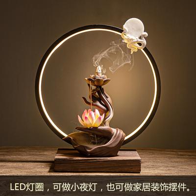 Feng Shui Chinese-style Purple Clay Inverted Flow Incense Burner, Zen-inspired Buddha's Hand Lotus Heart Lamp Ring Ornament, Cer