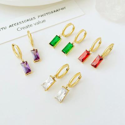 2023 New European and American Light Luxury Titanium Steel Earrings Long Square French Style Colorful Diamond Simple Temperament Earrings