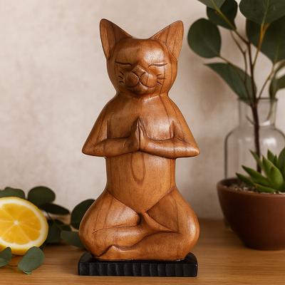 Yoga Cat Figurine, Lotus Pose Handcarved