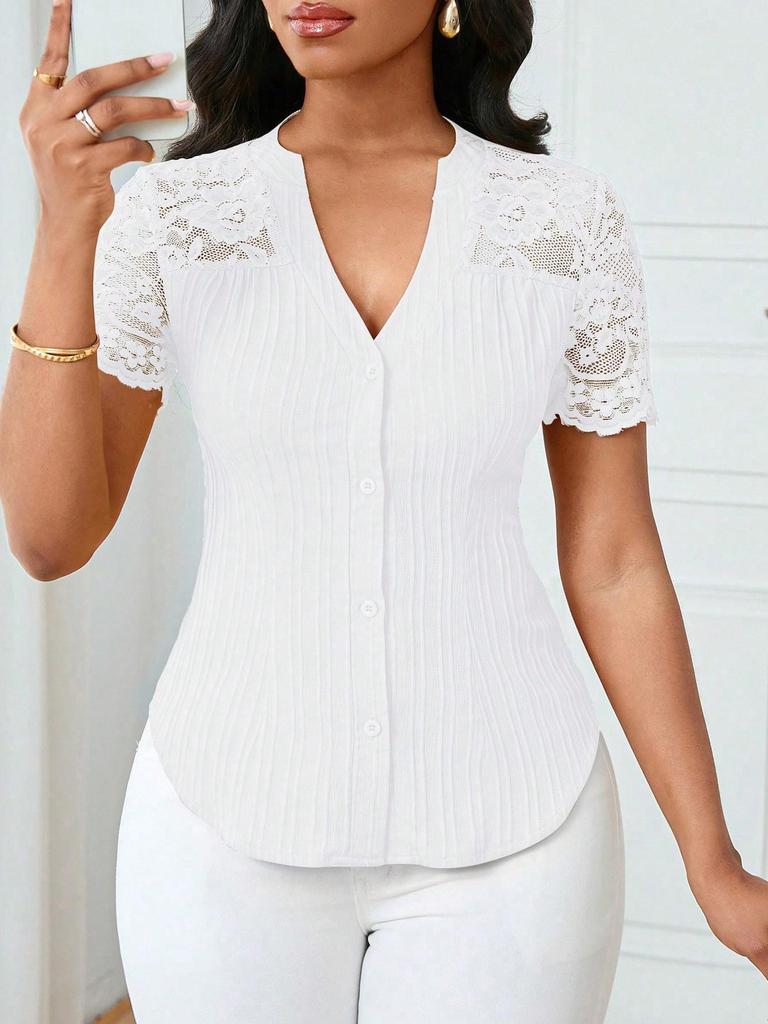 Women's Summer V-neck Embroidered Hollow Short-sleeve Shirt