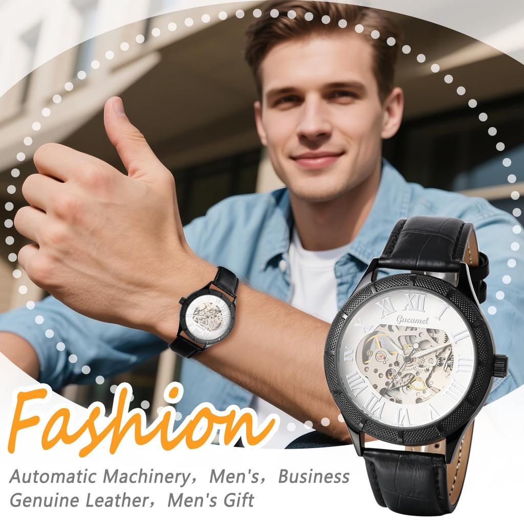 Automatic Watch with Genuine Leather Roman Dial Analog Luminous Skeleton Mechanical Suitable for and Casual Occasions Perfect Gift for Day Men's