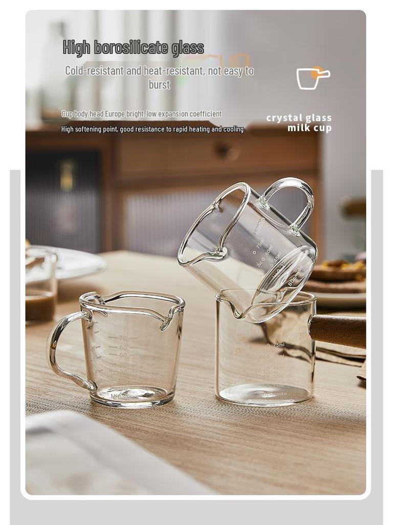 Glass Espresso Bean Measuring Cup with Double Spout, Wooden Handle, and Small Milk Jug