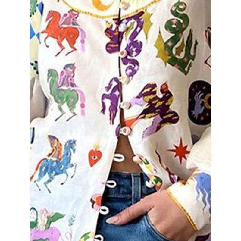Printed Collar Lantern Long Sleeved Shirt Print Lapel Long Sleeve Shirt Female