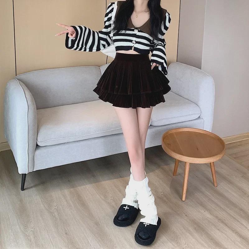 Plissierter Samtrock - Damen High Waist Cake Design für Frühling, Herbst und Winter 2023