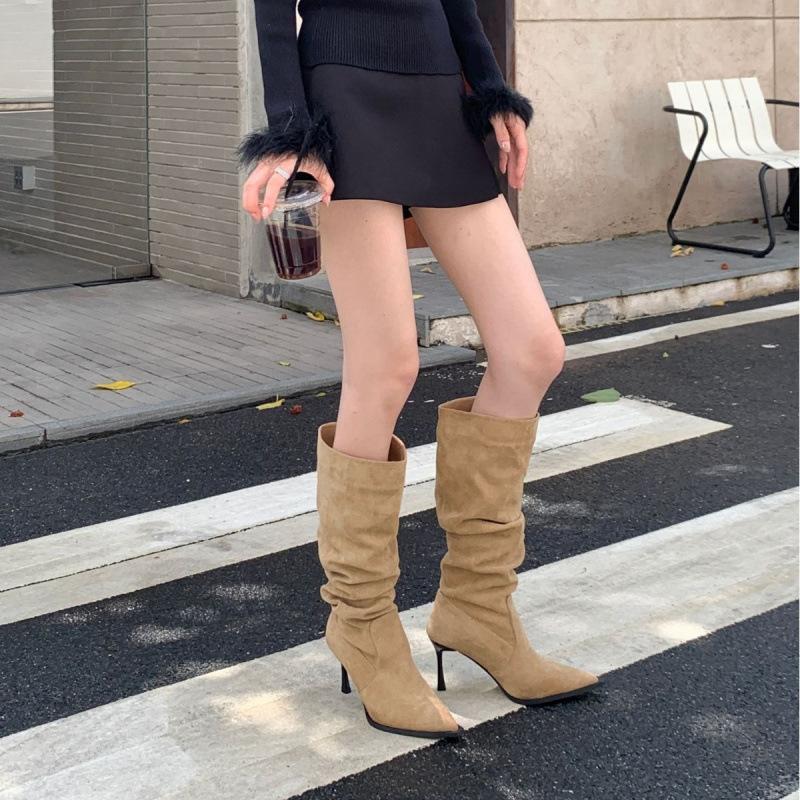 

2025 осень новые остроносые плиссированные тонкие на высоком каблуке с тонким широким голенищем до колена женские сапоги-рыцари 39 хаки