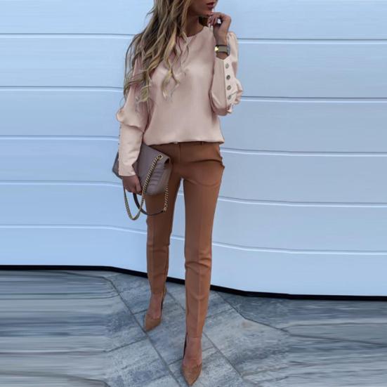 Fashion Office Lady Metal Button Back Long Sleeve Puff Shoulder Blouse Shirt Top
