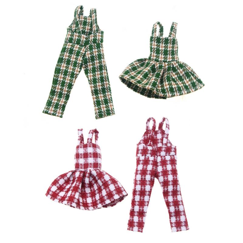 [JN]Christmas Doll Decoration Clothes Jacquard Plaid Overalls Skirt Doll House Accessories