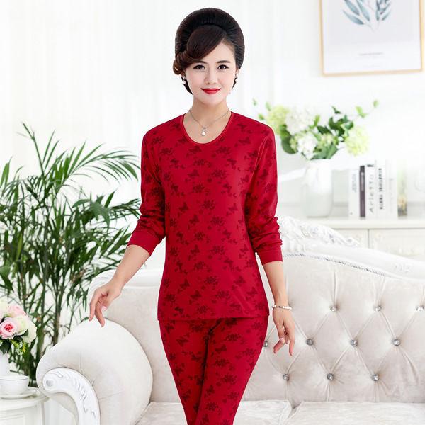 Plus Size Pure Cotton Thermal Underwear Set for Mature Women - Autumn Top & Trousers with Cotton Wool Sweater