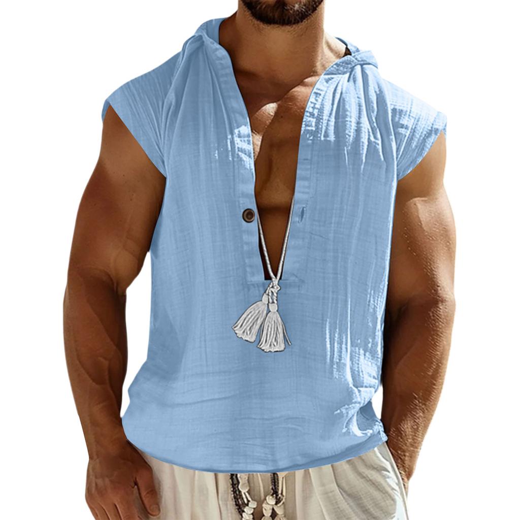Men'S V-Neck Loose Fitting Sweat Sleeveless Hooded Shirt Fashionable Top