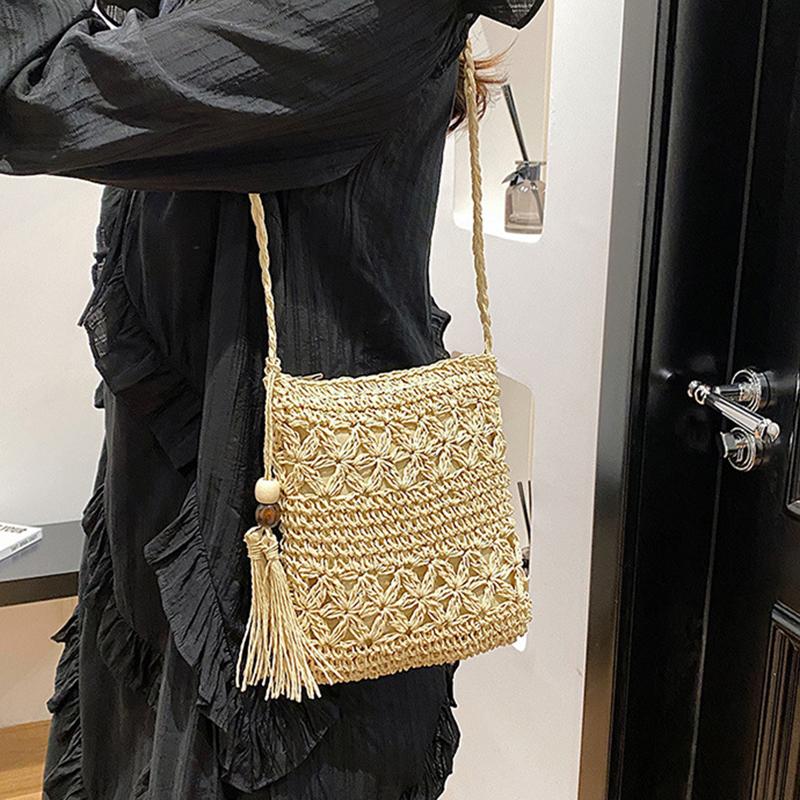 Poșetă pentru femei, cu umăr țesut din paie, pentru plajă, cu ciucuri, boho, cu croșetat, poșetă de mână, poșetă