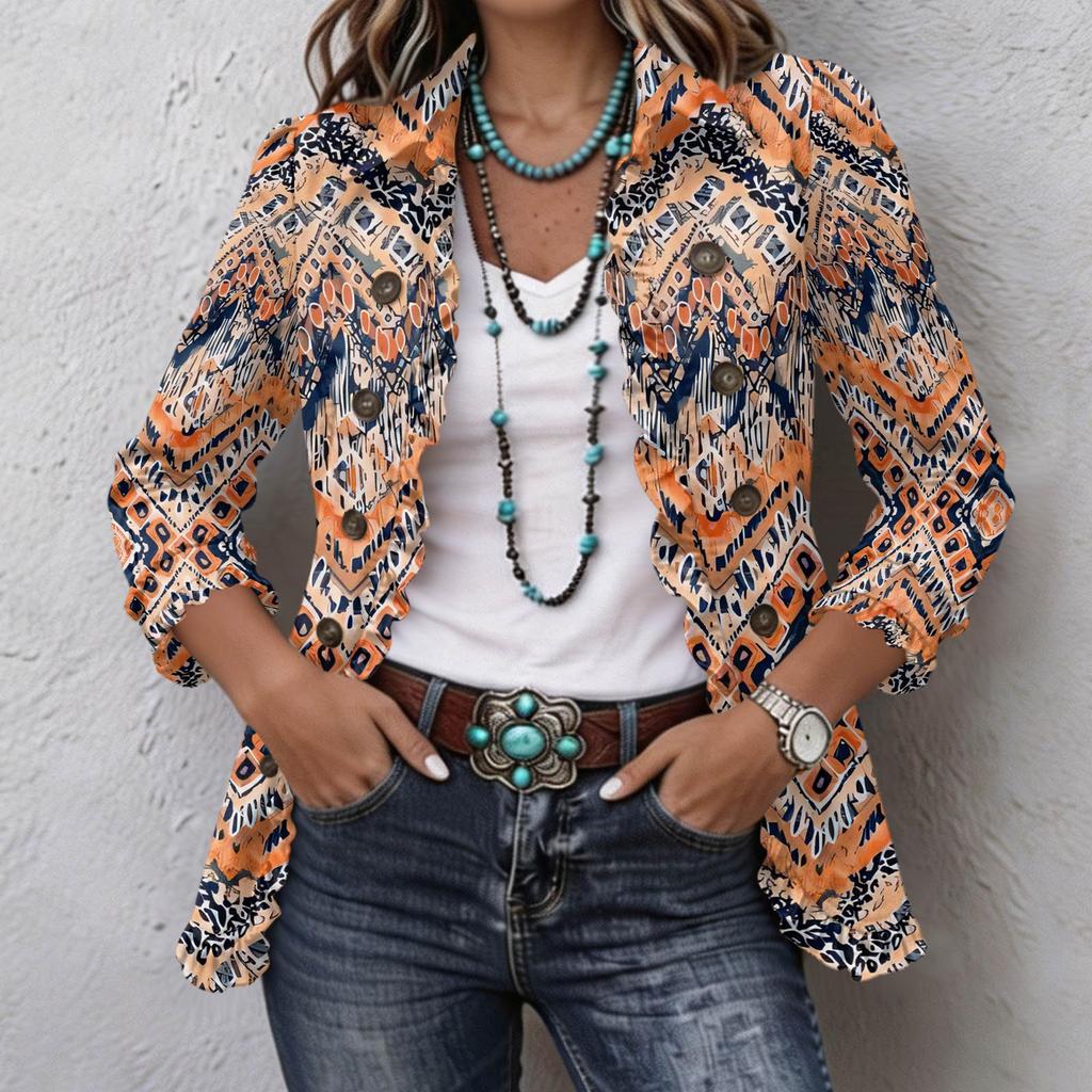 Women's Fashion Floral Print Long Sleeve Ruffle Button Down Blouse for Casual Wear