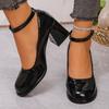New Ankle Strap Chunky Heel Mary Janes Pumps Women Fashion  Patent Leather Dress Shoes Woman Elegant Round Toe High Heels Pumps