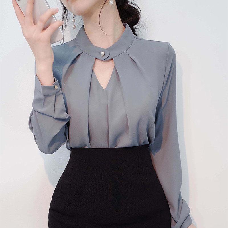 

Women Solid Blouses Chiffon Shirts Long Sleeve Slim Hollow Sexy All-match Basic Spring Summer Tops Thin Chic Elegant Female Ins 3XL сіро блакитний колір