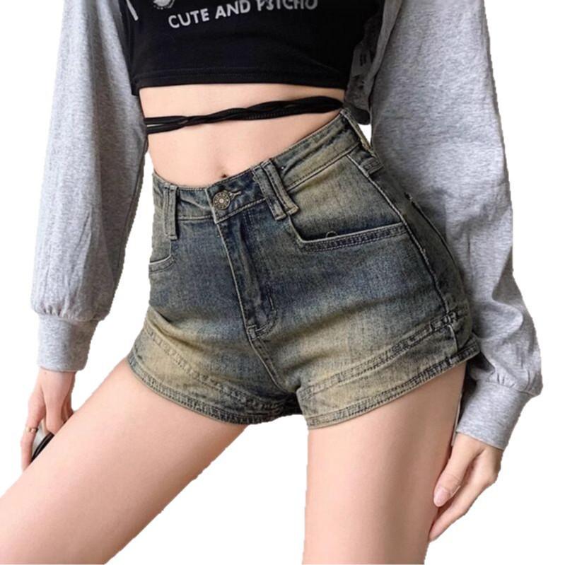 Retro High Waist Slimming Denim Shorts for Women - Summer Casual Elastic A-Line Hot Pants