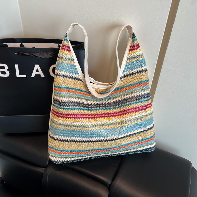 

Summer large-capacity rainbow straw bag 2025 new women s bag fashion commuter shoulder bag lazy wind tote bag білий