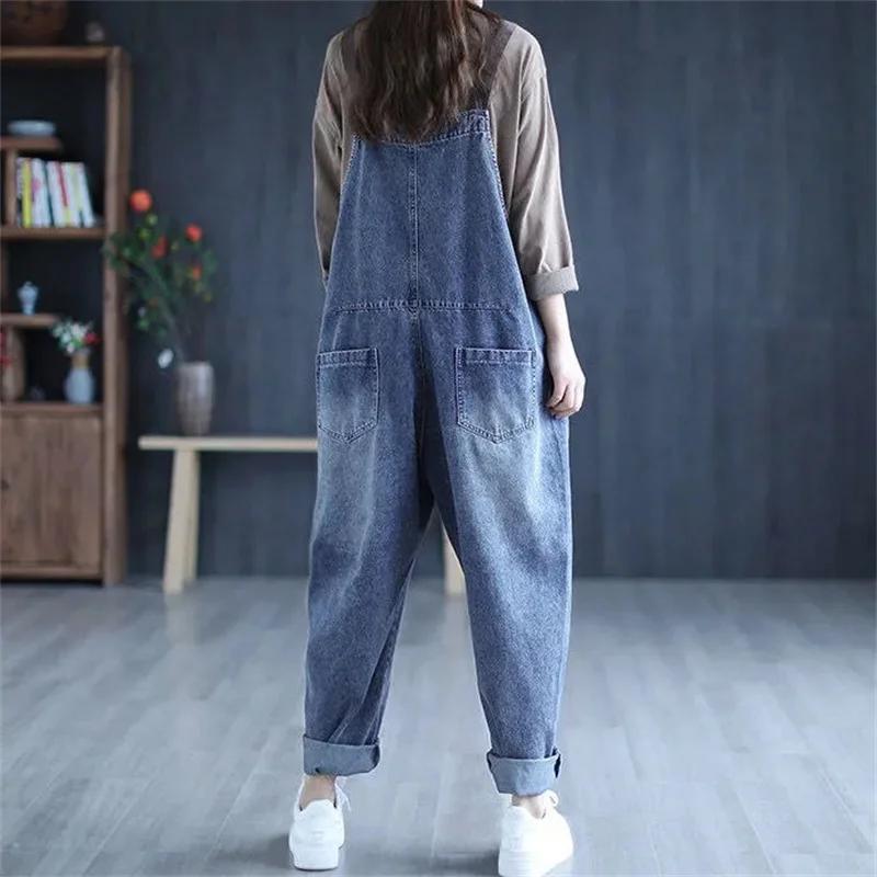 Women Jeans Rompers Retro Big Pocket Loose Denim Overalls Fashion Large Size Wide-leg Pants