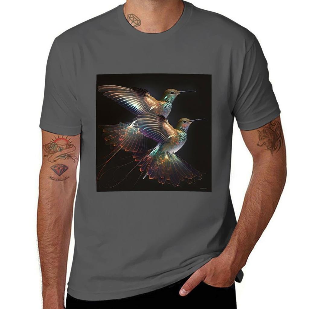 Hummingbird couple in love TShirt Breathable Basic Cotton TShirt