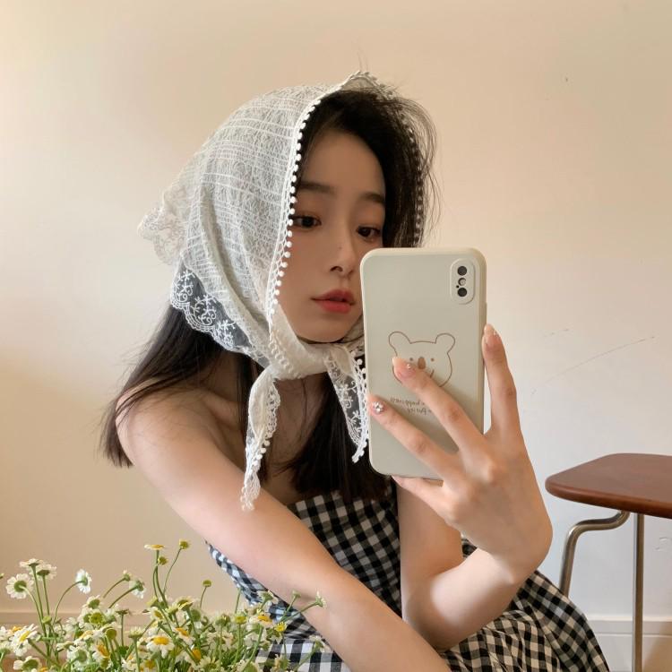 Beige Floral French Lace Triangle Scarf: Versatile Headscarf, Hairband, or Bag Accessory