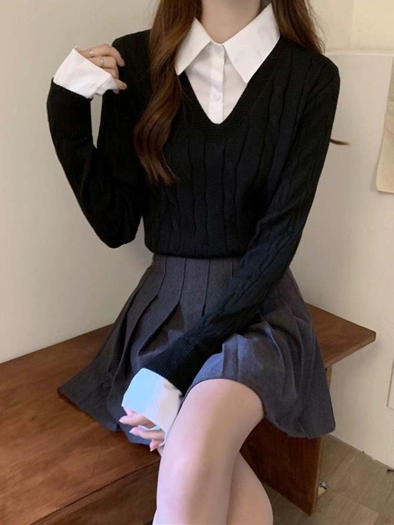 Women's Knitted Sweater Autumn Winter Shirt Collar Sweater Long Sleeved Top Fashion Clothing