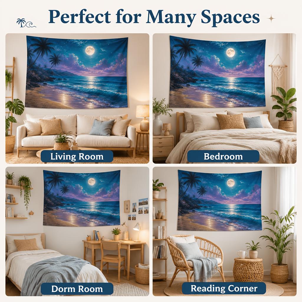 Large Tropical Beach Moon Tapestry Wall Hanging Coastal Ocean Sky Aesthetic Boho Decor Art Print Bedroom Living Room Decor