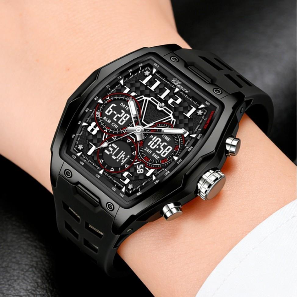 Men's watch barrel-shaped men's double display watch sports waterproof large dial multi-function electronic watch