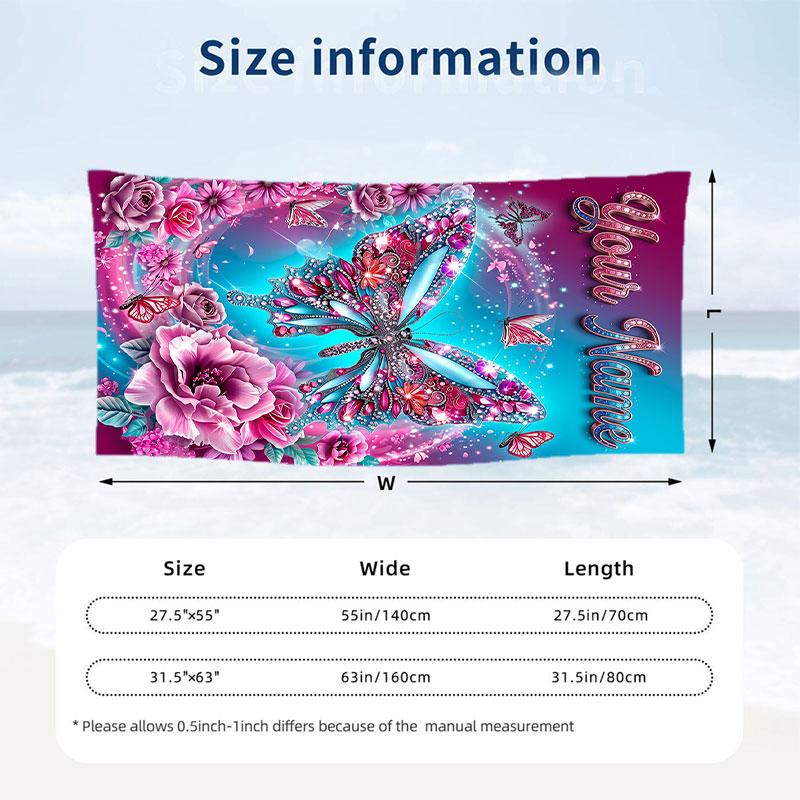 Butterfly Theme Beach Towel Personalized Custom Name & Text Soft Quick Dry Beach Towel for Swimming Travel