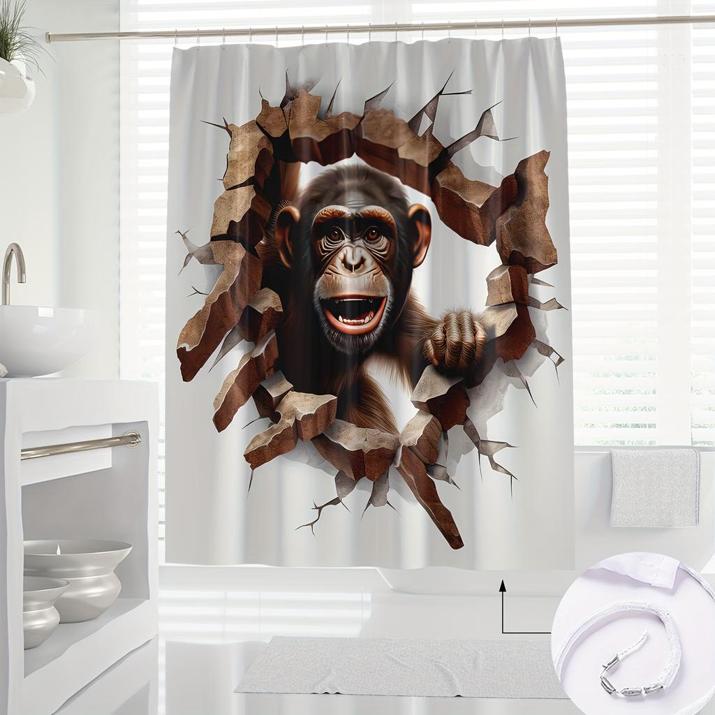 1pc Funny Orangutan Shower Curtain - Polyester Bathroom Decor with 3D Digital Print, Playful Art Design, and Hooks Included
