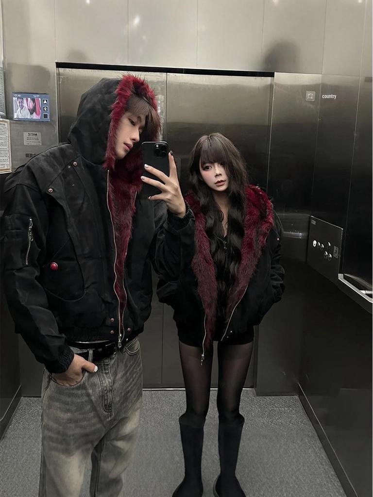 Men's Retro Red Fur Collar PU Leather Cotton Jacket - Heavyweight, Plus Velvet, Thickened, Warm
