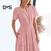 Women's Summer Maxi Dress Casual V-Neck Short Sleeve Tiered Flowy Dress Smocked Waist Pleated Long Dress
