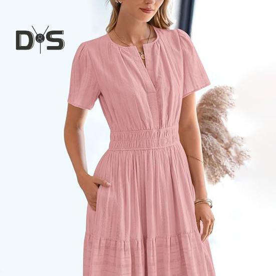 Women's Summer Maxi Dress Casual V-Neck Short Sleeve Tiered Flowy Dress Smocked Waist Pleated Long Dress