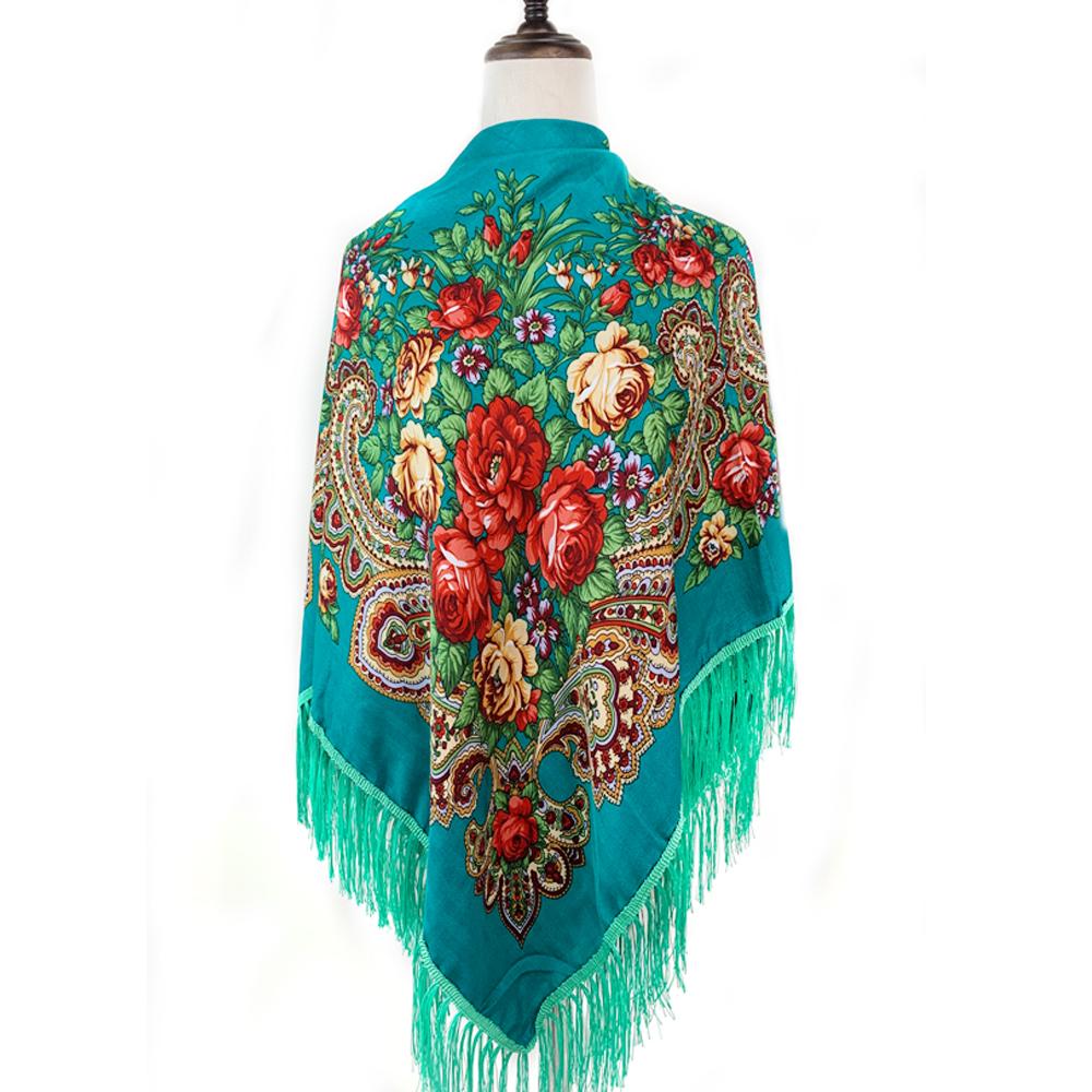 135*135Cm Russian Style Square Scarf For Women Luxury Floral Print Bandana Head Scarves Lades Fringed Shawl Headwraps Foulard