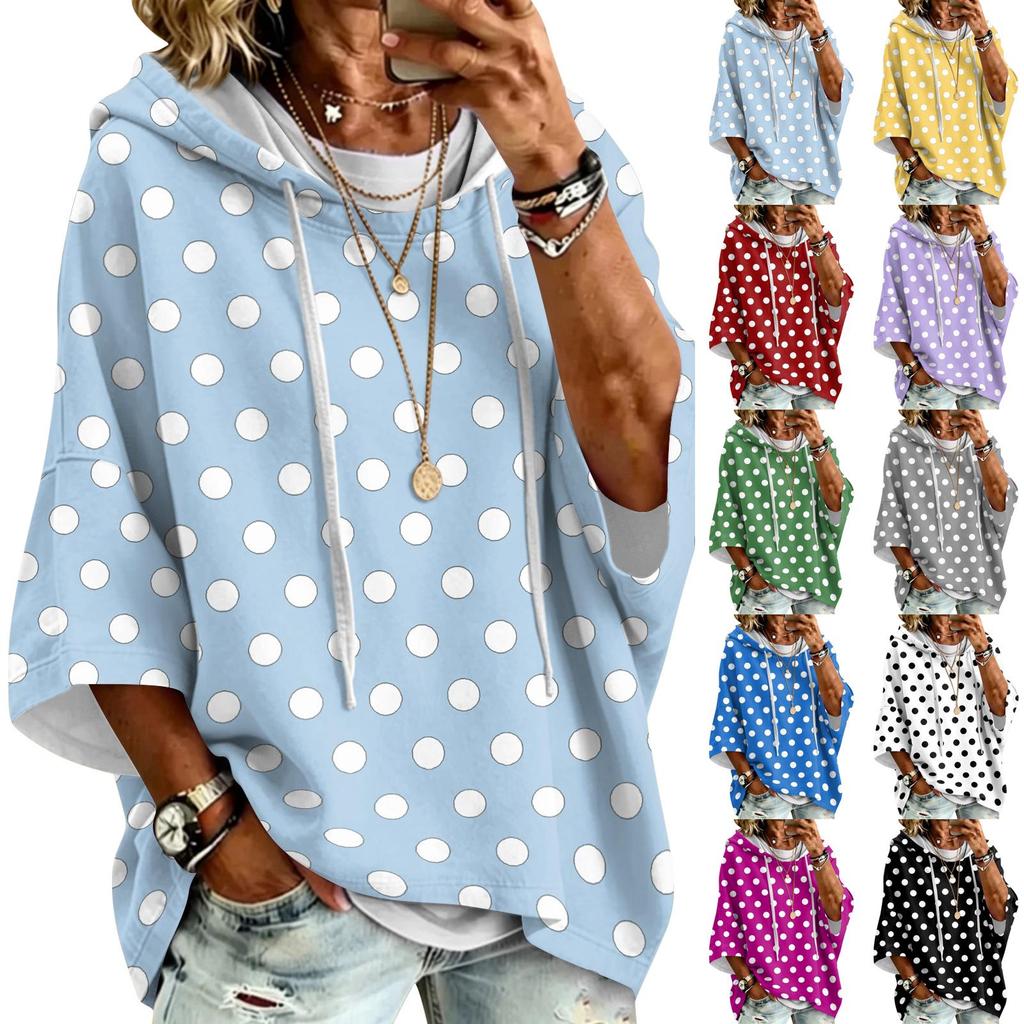 Women's Polka Dot Print Drawstring Hooded Sweatshirt Loose Fit Casual Top