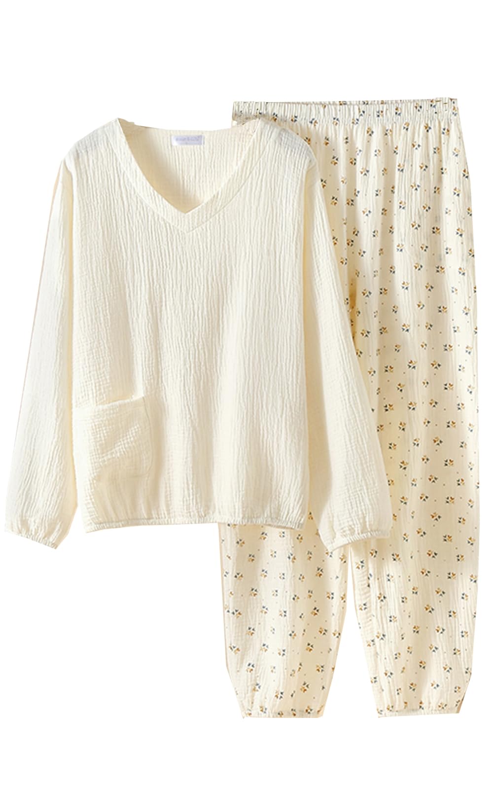 

Marshmallow Double Comfortable Loungewear Women s Spring/Summer Pajamas, 100% Cotton, Gauze, V-Neck, Moisture-Wicking, Quick-Drying, Sleepwear, (JP, слоновая кость