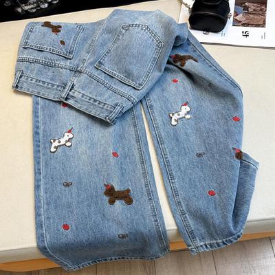 Gerade geschnittene Jeans für Damen - Frühjahr 2026, Gesticktes Hunde-Design, Lockere Passform, Lässiges Temperament.