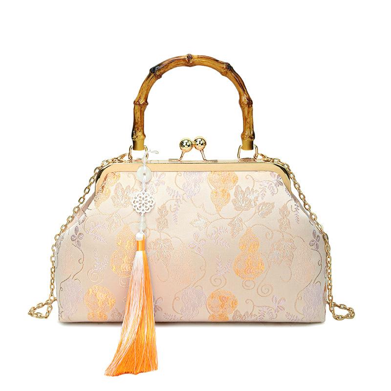 Chinese Style Retro Banquet Bag, Silk Satin New Chinese Qipao Bag, Gourd Embroidery Bamboo Knot Handbag золотой