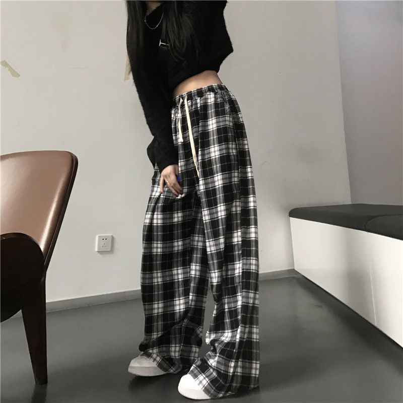 Harajuku Black and White Plaid Pants Women Summer Casual Wide Leg Trousers Korean Fashion Loose Straight Pants Y2k Bottom