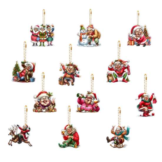 Fun Seasonal Window Display Decor 12Pcs Funny Old Women Christmas Tree Ornaments, 2D Flat Acrylic Cartoon Grandma Durable Hanging Ornaments