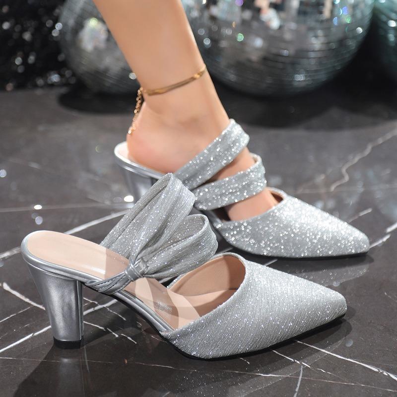 Übergröße One-Word High Heels Fee Sommer Baotou Neu Strass Französische Spitze Flache Sandalen