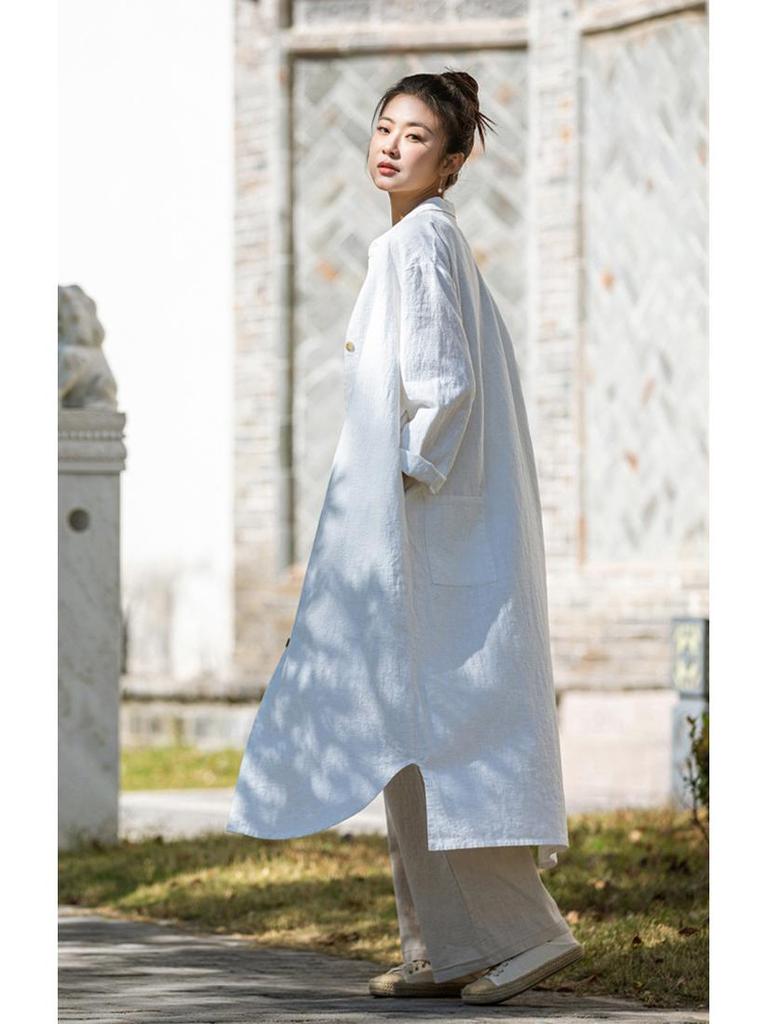 2026 Spring Women's Artistic Sand-Washed Cotton Linen Lapel Long Coat - Loose, Slimming Outerwear Cardigan