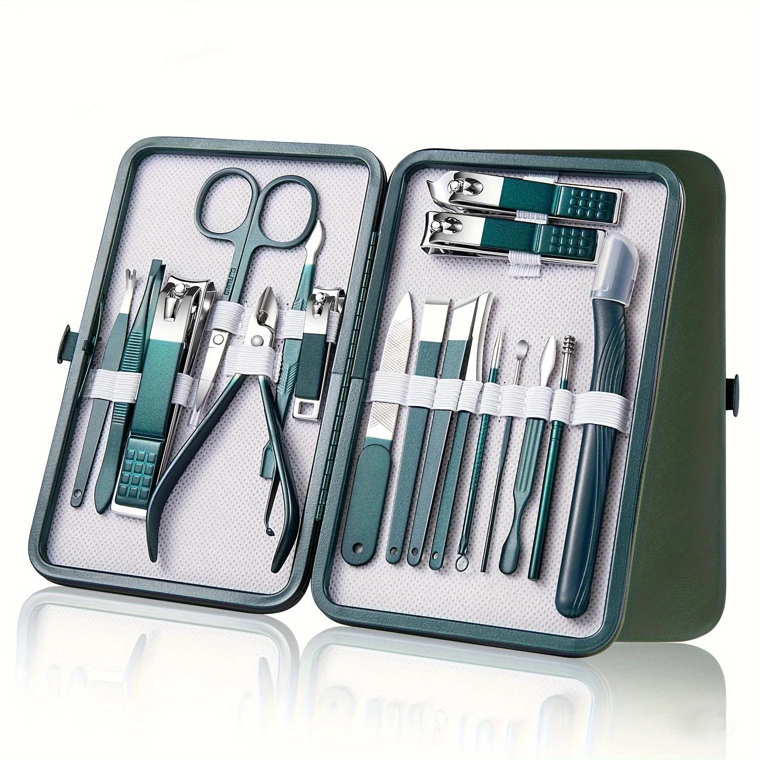 

Green Nail Clipper Nail Clipper Set with Travel Case Professional 18 Piece Nail Care Kit Stainless Steel Manicure Pedicure Set