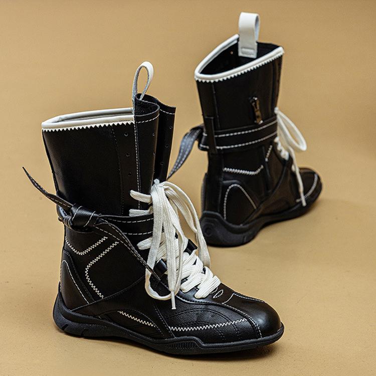 Fashion Spring Autumn Shoes Women Mid-Calf Boots Non-slip Retro Style Soft Comfortable High Top Ladies Height Increasing Shoes 5cm D528