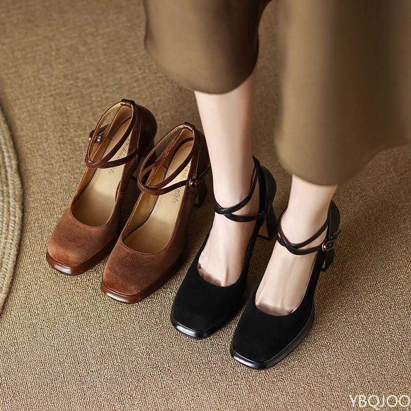Elegant minimalist high heels new spring autumn retro cross strap fashionable versatile square toe shallow mouth women's shoes