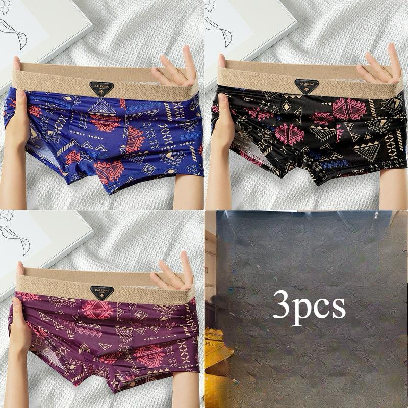 3pcs American Men's Underwear Retro Men's Underwear Ice Silk Breathable Flat Corner Pants Printed Four Corner Pants Boxer Brief