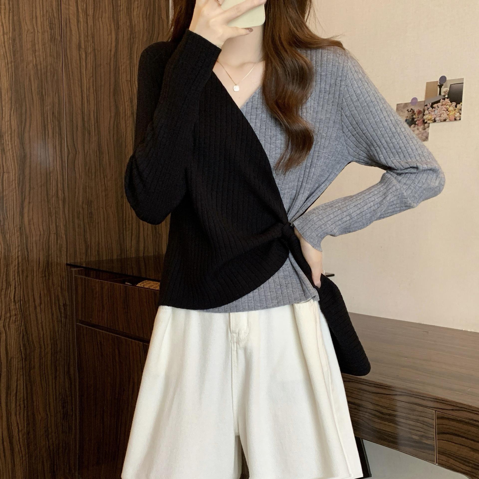 

High-end contrasting color V-neck knitted sweater women s autumn and winter models, thin irregular waist commuter shirt one size fits all